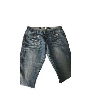 Women's Blue Denim flared Pants Size 11 Casual Whiskered Patchwork